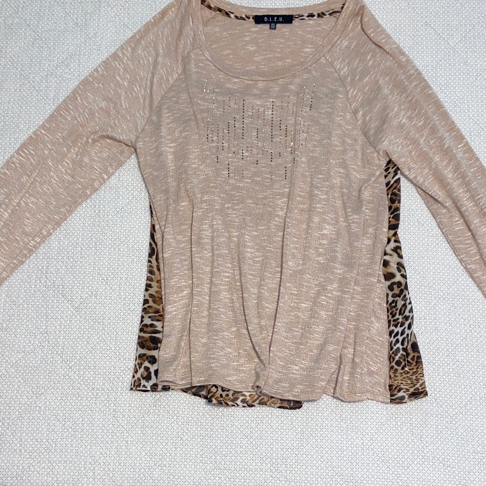 B.L.E.U. Beige Leopard Accent Long Sleeve Top